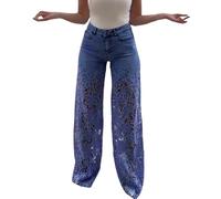Jeans a gamba larga da donna vintage a vita alta in pizzo ricamato scava fuori patchwork strappato jeans palazzo leggeri vestibilità ampia gamba dritta pantaloni in denim con tasche, Blu, M