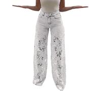 Jeans a gamba larga da donna vintage a vita alta in pizzo ricamato scava fuori patchwork strappato jeans palazzo leggeri vestibilità ampia gamba dritta pantaloni in denim con tasche