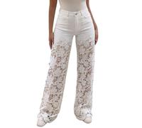 Jeans a gamba larga da donna vintage a vita alta in pizzo ricamato scava fuori patchwork strappato jeans palazzo leggeri vestibilità ampia gamba dritta pantaloni in denim con tasche, Za-bianco, XXL