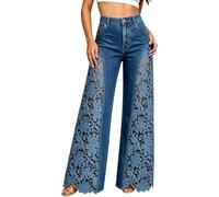 Jeans a gamba larga da donna vintage a vita alta in pizzo ricamato scava fuori patchwork strappato jeans palazzo leggeri vestibilità ampia gamba dritta pantaloni in denim con tasche, Zb-blu navy, L