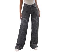 Jeans a gamba larga da donna vintage a vita alta in pizzo ricamato scava fuori patchwork strappato jeans palazzo leggeri vestibilità ampia gamba dritta pantaloni in denim con tasche, Za-grigio, L