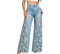 Jeans a gamba larga da donna vintage a vita alta in pizzo ricamato scava fuori patchwork strappato jeans palazzo leggeri vestibilità ampia gamba dritta pantaloni in denim con tasche, Zb-azzurro, L