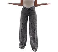 Jeans a gamba larga da donna vintage a vita alta in pizzo ricamato scava fuori patchwork strappato jeans palazzo leggeri vestibilità ampia gamba dritta pantaloni in denim con tasche, Grigio, XL