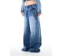 Jeans a gamba larga e baggy con dettagli di bottoni Napoleone, vita bassa, lunghezza intera, denim lavato, tasche stile cargo 25,26,27,28,29,30Colore unicoDenim