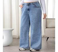 Jeans a vita alta a gamba larga, lavaggio chiaro, taglia curvy e plus size, adatti per donna, casual, elegante, per occasioni come San Valentino, carnevale, pendolarismo, vacanze, laurea, stile Y2K, f