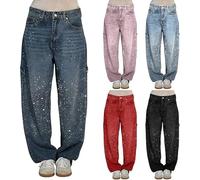 Jeans a Vita Alta Con Strass Da Donna Vita Alta Harem Pantaloni In Denim Dritti a Gamba Larga Baggy Brillantini Vintage Jeans Lucidi Elasticizzati Loose Pantaloni Larghi Lunghi Con Strass Gradient