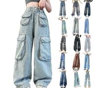 Jeans a vita alta, per bambini, a gamba larga, per il tempo libero, Y2k, per il fitness, moderni, per la spiaggia, comodi hip hop, casual, streetwear, e, 160