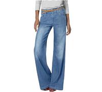Jeans a vita alta per le donne alla moda elastico dritto gamba larga elastico in vita controllo pancia avvio taglio svasato pantaloni in denim a vita alta jeans larghi, Blu, L