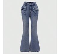 Jeans a vita bassa con gamba a zampa, lavaggio vintage, effetto consumato, con toppe a farfalla e tasche sul davanti L,M,S,XL,XSColore unico,stampa dappertuttoDenim