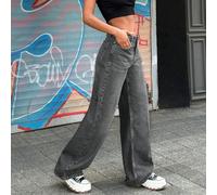 Jeans a vita bassa in cotone 100% vintage con toppe in pelle e gamba larga RueChic 36,38,40,34Colore unicoDenim