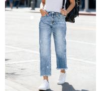 Jeans a vita elastica, gamba dritta, taglie comode per donne, pantaloni in denim strappati e consumati 7/8, lavaggio blu, casual per la primavera 0XL,1XL,2XL,3XL,4XLColore unicoDenim