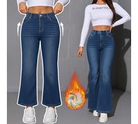 Jeans a zampa d'elefante invernali classici da donna, con effetto vissuto, adatti per l'ufficio, il tempo libero e i viaggi, in denim elasticizzato e confortevole L,M,S,XL,XS,XXLColore unicoDenim