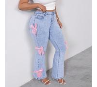 Jeans a zampa di elefante in denim elasticizzato e comodi, con fiocco rosa decorativo, eleganti per feste di San Valentino ed eventi primaverili ed estivi, adatti a taglie piccole e taglie forti 0XL,1