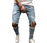 Jeans al Ginocchio elastici da Uomo Jeans Slim Dritto con Foro Spaccato Pantaloni Slim Breaking Hole di Jeans, Azzurro, L