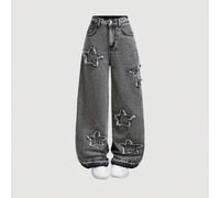Jeans ampi a gamba dritta con decorazioni a stelle, orlo sfrangiato e lavaggio consumato, stile Y2K per ragazze pre-adolescenti, abbigliamento autunnale per il ritorno a scuola, streetwear 8Y,9Y,10Y,1