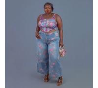 Jeans ampi a vita alta con stampa floreale vintage, lavati, taglie comode, adatti per la silhouette a clessidra delle donne di taglia curvy 0XL,1XL,2XL,3XL,4XLStampa CasualeDenim