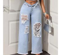 Jeans ampi e sfilacciati blu slavati da cowgirl, con orlo sfrangiato, non elasticizzati, adatti per la primavera per le donne W26 L32,W28 L32,W30 L32,W32 L32Colore unicoDenim