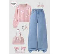 Jeans ampi per ragazze pre-adolescenti, in denim leggero blu chiaro con un look rilassato, silhouette a gamba larga, tessuto di jeans morbido come essere avvolti nelle nuvole, ricamo a forma di cuore 