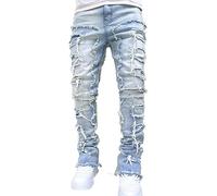 Jeans applicati strappati dritti a zampa, pantaloni jeans skinny da uomo patchwork invecchiati lavati vintage larghi punk denim pantaloni hip hop jeans moda skateboard pantaloni jeans, Azzurro, M