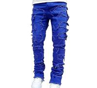 Jeans applicati strappati straight flare, pantaloni jeans a tubo da uomo, patchwork distressed lavati vintage larghi punk denim pantaloni hip hop jeans moda skateboard pantaloni jeans, A blu., L