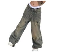 Jeans Baggy Donna, Jeans da Donna a Zampa Colorblock Loose Fit Vintage Casual con Stampa Gamba Dritta in Vita Elastica con Stampa Jeans Donna Vita Alta per La Vita Quotidiana E Lo Sport