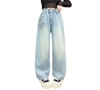 Jeans Baggy Ragazza, Jeans Da Ragazza Con Ricamo Floreale a Gamba Larga Scuola Casual Elastico a Vita Alta Jeans Dritti Pantaloni Con Tasche Jeans Gamba Larga Ragazza Per La Primavera E L'autunno