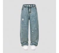 Jeans blu acqua per ragazzi pre-adolescenti con dettagli strappati e vestibilità a gamba dritta, stile casual versatile e comodo, stile street coreano, adatti per scuola, vacanze estive e luna di miel