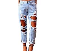 Jeans Boyfriend Larghi Donna Strappati Denim Pantaloni Elasticizzati Taglia Grossa Azzurro Chiaro L