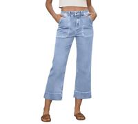 Jeans Capri da donna, a vita alta, gamba larga, in denim, casual, estivi, con tasche, blu chiaro, nero, lavaggio scuro, streetwear, lunghezza alla caviglia