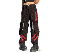 Jeans cargo da donna a gamba larga Y2K vintage da donna Gothic Punk Grunge Emo Pantaloni Goth Estetica Harajuku Streetwear Hip-Hop Abbigliamento Straight Leg Stretch Jeans, Nero , S