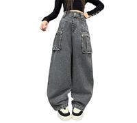 Jeans cargo da ragazza con cerniera multi tasche per bambini larghi a gamba larga a vita alta pantaloni lunghi elastici pantaloni vintage invecchiati jeans larghi neri per ragazze bambini jeans cargo