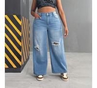 Jeans cargo dritti con vestibilità ampia e effetto vissuto per taglie comode, di colore blu chiaro, eleganti per l'autunno 0XL,1XL,2XL,3XL,4XLColore unicoDenim