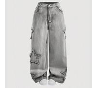 Jeans casual a gamba dritta con toppe a pentagramma di taglia grande in grigio 0XL,1XL,2XL,3XL,4XLGeometrico,Colore unicoDenim