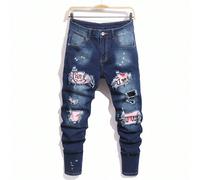 Jeans casual da uomo con lavaggio consumato, effetto colorblock e toppe 28,29,30,31,32,36,33,34Blocchi di colore,Ritratto,LettereDenim