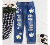 Jeans casual in taglia comoda con stampa leopardata lavata, toppe floreali ricamate 0XL,1XL,2XL,3XL,4XLStampa CasualeDenim