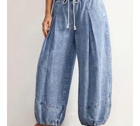 Jeans casual tradizionali e versatili per donna taglie forti, con vita con coulisse e pieghe, blu chiaro con polsini affusolati, outfit per uscite e vacanze estive 0XL,1XL,2XL,3XL,4XLMotivo strutturat