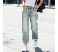 Jeans comodi e morbidi con vestibilità ampia, effetto vissuto e orlo sfrangiato, gamba dritta, stile casual di strada, pantaloni in denim blu lavato, adatti per la primavera L,M,S,XL,XS,XXLColore unic