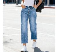 Jeans comodi e morbidi con vestibilità ampia, effetto vissuto, orlo sfrangiato, gamba dritta, stile casual da strada, adatti per la primavera L,M,S,XL,XS,XXLColore unicoDenim