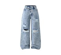 Jeans con elastico in vita, Y2K, in denim, da ragazza, a gamba larga, strappata, casual, casual, dritto, per il tempo libero, con gamba larga, per adolescenti, Azzurro, 160