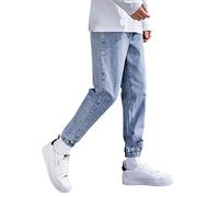 Jeans con risvolto da uomo elasticizzato in vita stile jogger con coulisse gamba dritta Cinch Bottom Jean pantaloni classici in cotone invecchiato lavato resistente lavoro jeans pantaloni