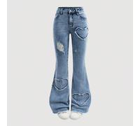 Jeans con tasche frontali e orlo strappato per ragazze adolescenti, pantaloni casual in denim stretch a zampa di elefante alla moda nello stile Y2K per uso quotidiano 14Y,13Y,16Y,15YRetroDenim