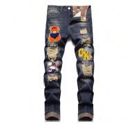 Jeans con toppe e lettere per ragazzi tween, con design a orso di peluche e strappi 8Y,9Y,10Y,13-14Y,11Y,12Y,13Y,16Y,15YFumetto,LettereDenim