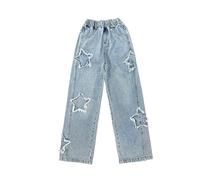 Jeans corti per bambine e ragazze con stella invecchiata pull on pantaloni in denim dritti carino strappato ampio gamba jeans fondo con tasche lavato moda casual streetwear pantaloni, Blu, 13-14 Anni