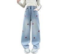 Jeans da bambina con ricamo a cuore, alla moda, taglio dritto, pantaloni casual a gamba larga, per la stagione autunnale, Colore: rosso, 5-6 Anni