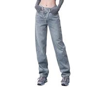 Jeans da Donna A Gamba Dritta A Vita Alta Jeans con Bottoni in Vita Asimmetrici (Color : Blue, Size : XS)