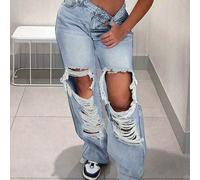 Jeans da donna a gamba dritta, stile casual, sportivo, elegante, giovane, sexy, consumato, retrò, con tasche, adatti per l'uso quotidiano e il tempo libero, lavati, taglia petite, per la primavera L,M
