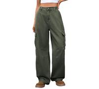 Jeans da donna a gamba larga jeans larghi pantaloni cargo vestibilità ampia pantaloni in denim elasticizzati a vita alta dimagrante bootcut jeans con tasche boyfriend Jean, Verde militare, XL