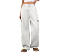 Jeans da donna a gamba larga jeans larghi pantaloni cargo vestibilità ampia pantaloni in denim elasticizzati a vita alta dimagrante bootcut jeans con tasche boyfriend Jean, bianco, L