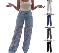 Jeans da donna a gamba larga - Pantaloni in denim con pizzo patchwork baggy Y2K jeans a vita alta pantaloni palazzo jeans sexy a vita bassa pantaloni stretch eleganti taglie forti jeans skinny
