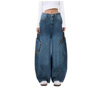 Jeans da donna a vita alta, con stile Y2K e design retrò 90s, larghi, comodi pantaloni che si sentono larghi dai fianchi al ginocchio e poi si ringiovaniscono, Blu-C., S